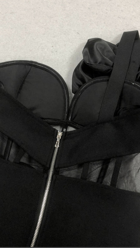 STRAPLESS FLORAL MESH BANDAGE DRESS MIDI DRESS BLACK