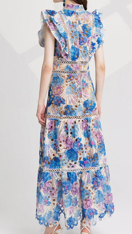 CHLOE HOLLOW OUT FLOWER EMBROIDERY MAXI DRESS IN BLUE
