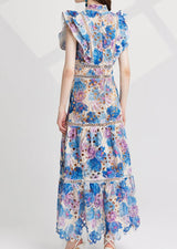 chloe hollow out flower embroidery maxi dress in blue