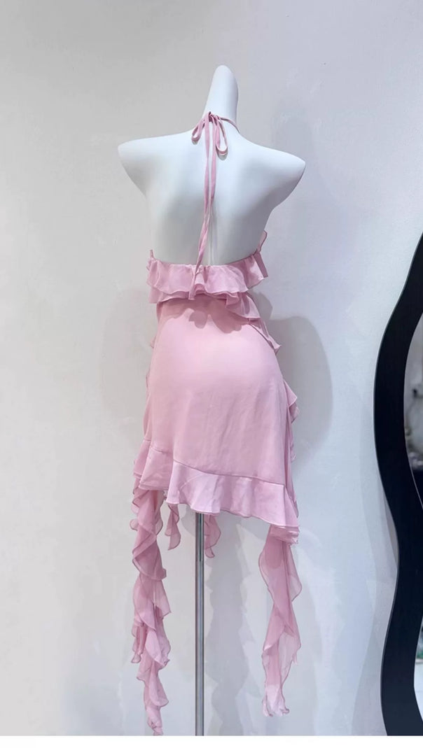 AIIZIE PINK RUFFLED HALTER NECK MINI DRESS - product image