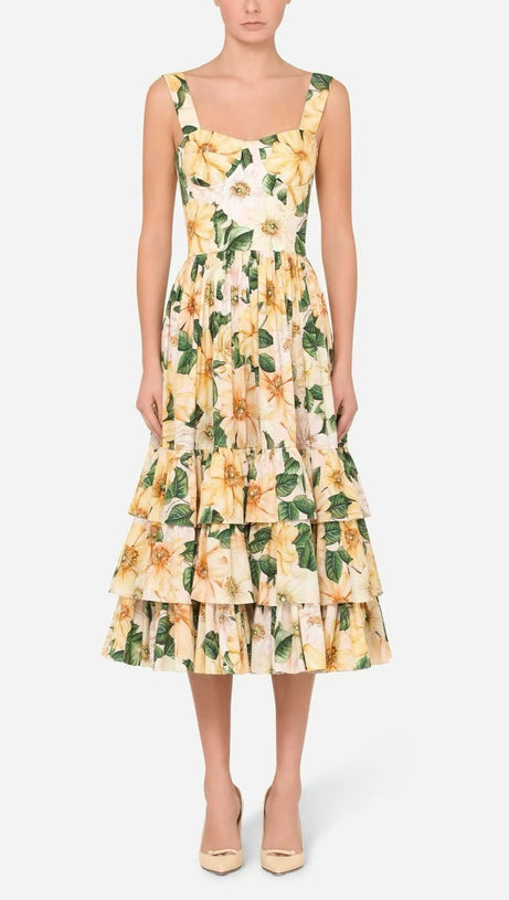 Gelbes Popeline-Midikleid mit Kamelien-Print