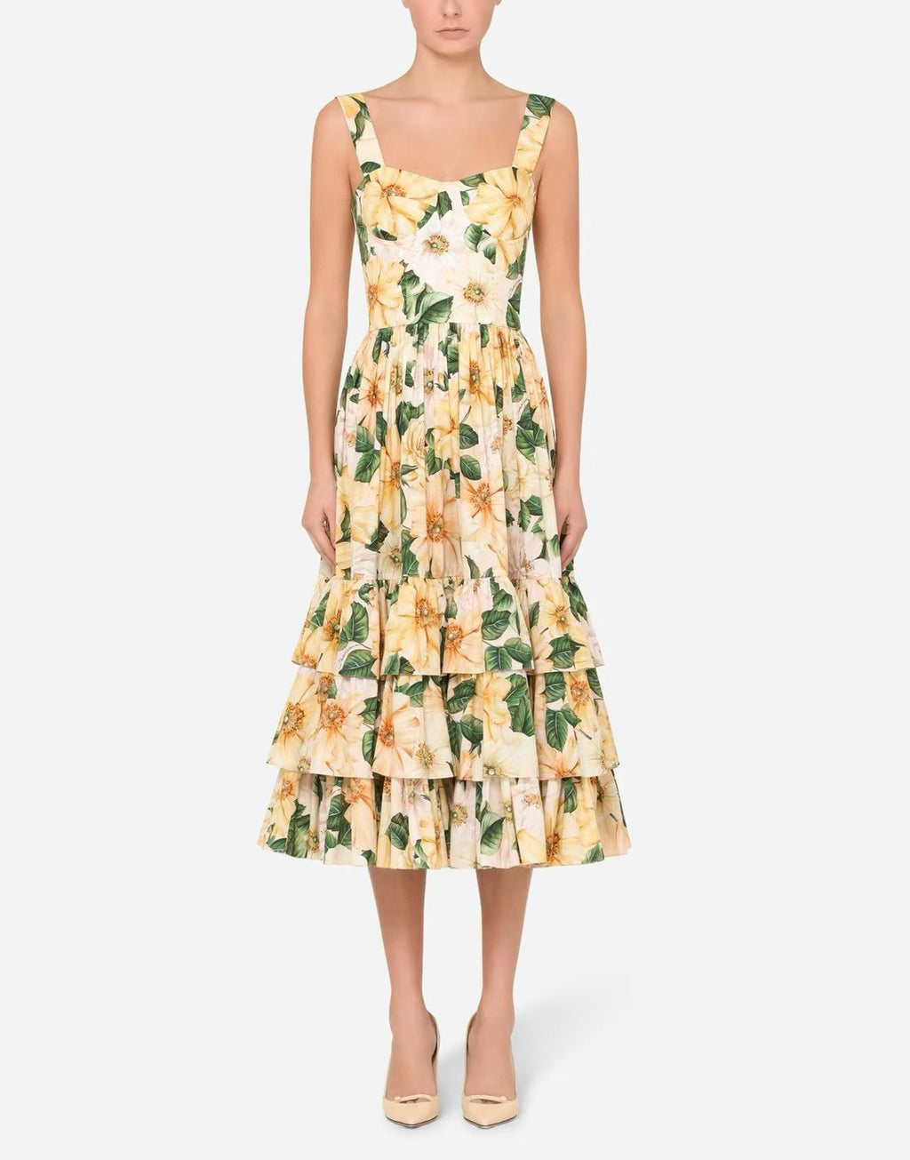 Gelbes Popeline-Midikleid mit Kamelien-Print