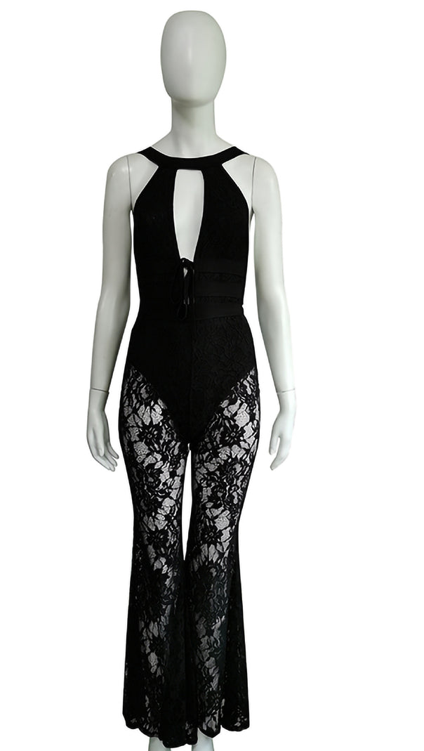 AIIZIE BLACK HALTER NECK LACE JUMPSUIT - product image