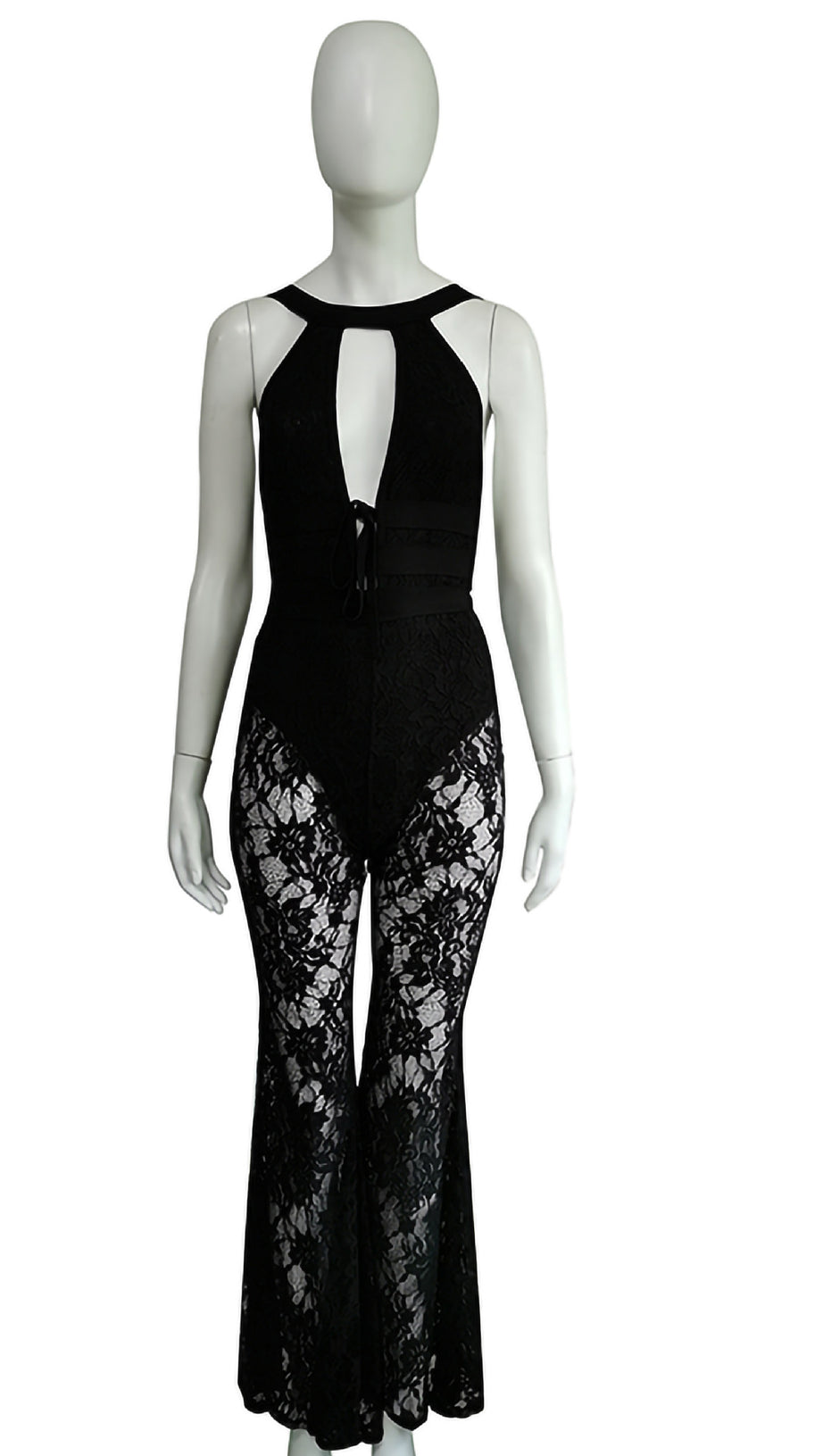 BLACK HALTER NECK LACE JUMPSUIT