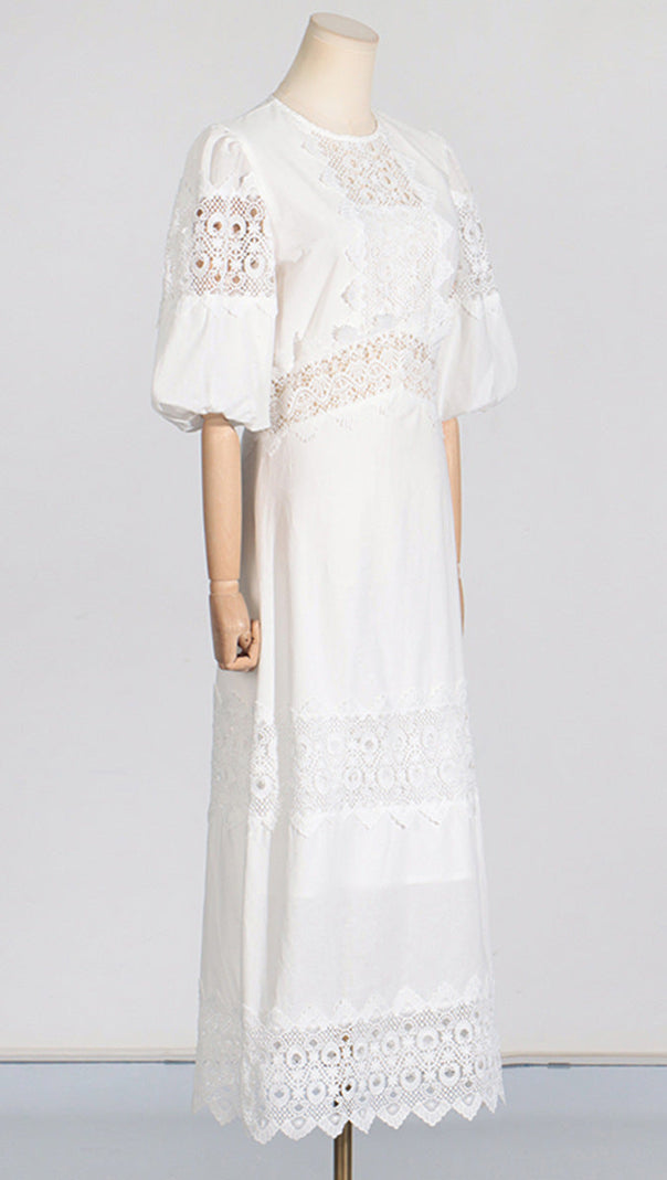 AIIZIE HAZEL WHITE EMBROIDERED ROUND NECK PUFF SLEEVE MIDI DRESS - product image