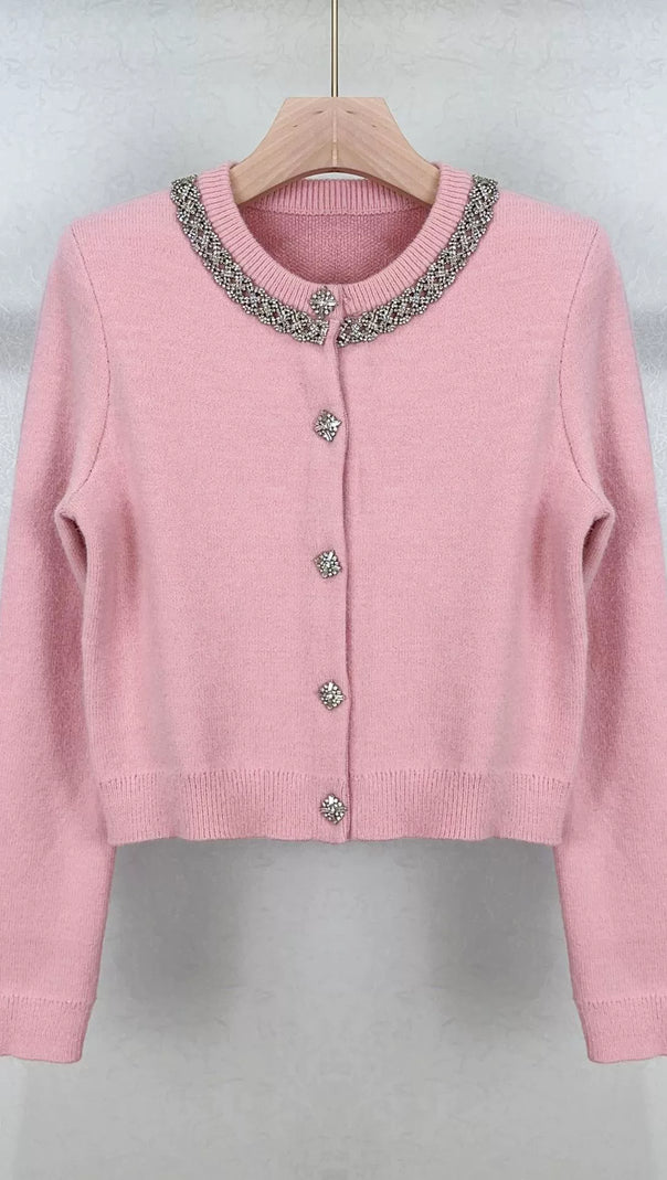 AIIZIE RHINESTONE-EMBELLISHMENT PADDED-SHOULDERS KNITTED CARDIGAN IN PINK - product image