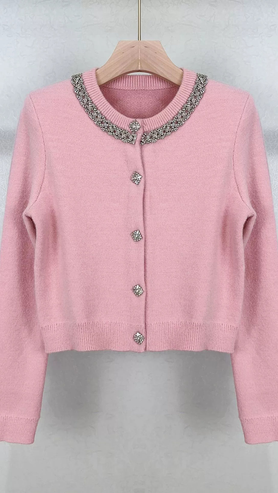 RHINESTONE-EMBELLISHMENT PADDED-SHOULDERS KNITTED CARDIGAN IN PINK