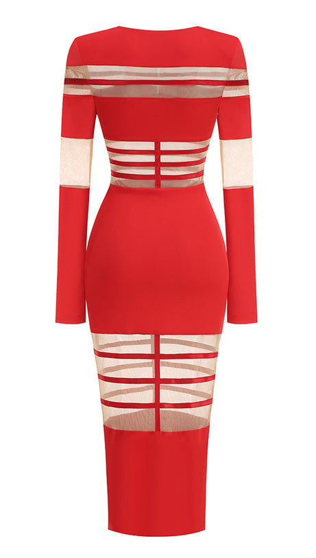 ABITO MIDI ADERENTE A MANICHE LUNGHE CON PANNELLI IN RETE ROSSA