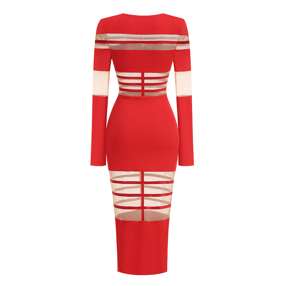 AIIZIE RED MESH - PANELED LONG - SLEEVE BODYCON MIDI DRESS - product image