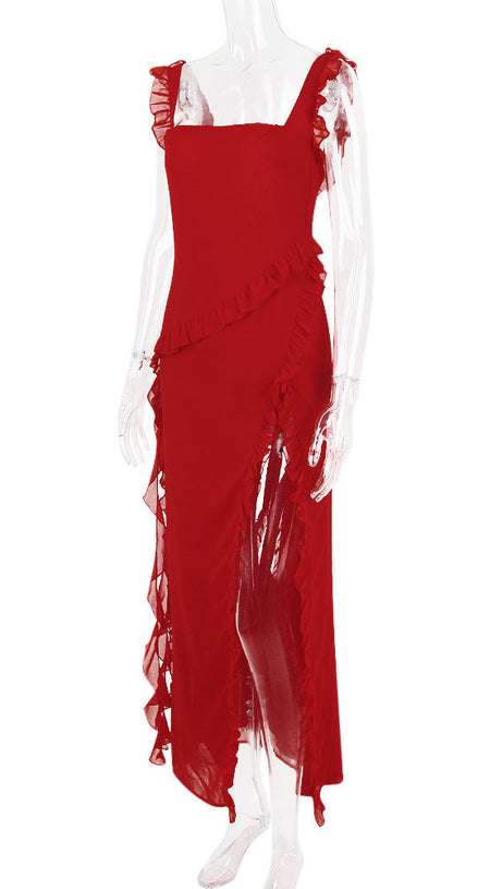 RUFFLE MAXI DRESS IN CHERRY