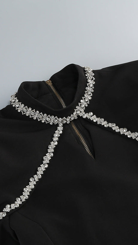 DIAMOND CHAIN EMBELLISHED TRUMPET SLEEVE MINI DRESS IN BLACK