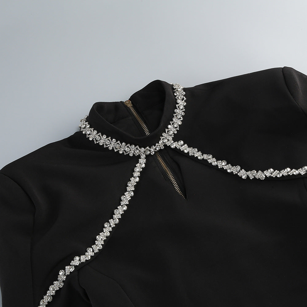 AIIZIE DIAMOND CHAIN EMBELLISHED TRUMPET SLEEVE MINI DRESS IN BLACK - product image