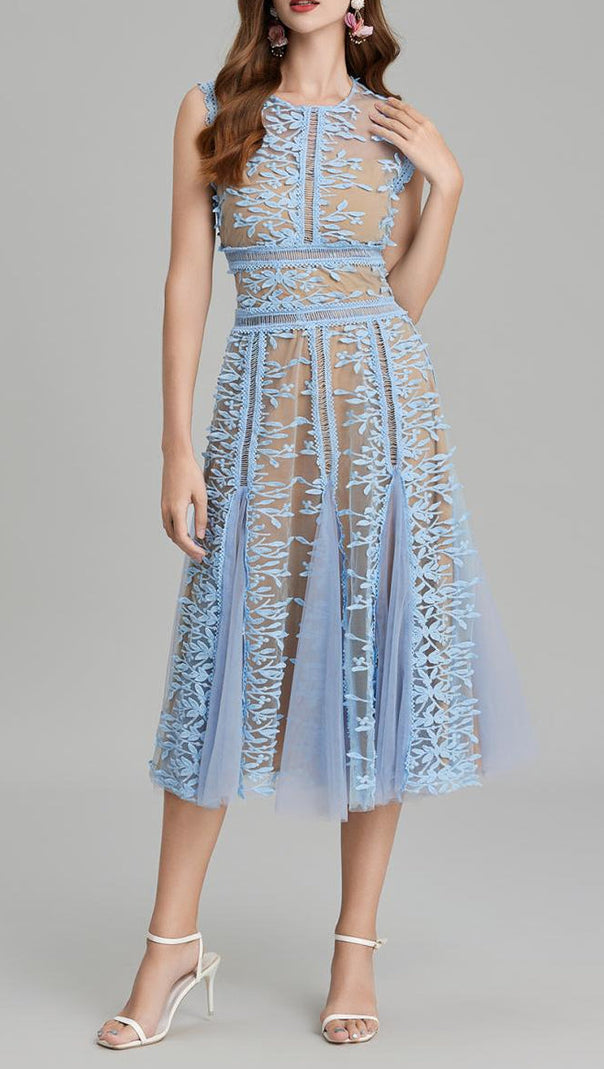 AIIZIE phoenix 3d Embroidered lace mesh midi dress in blue - product image