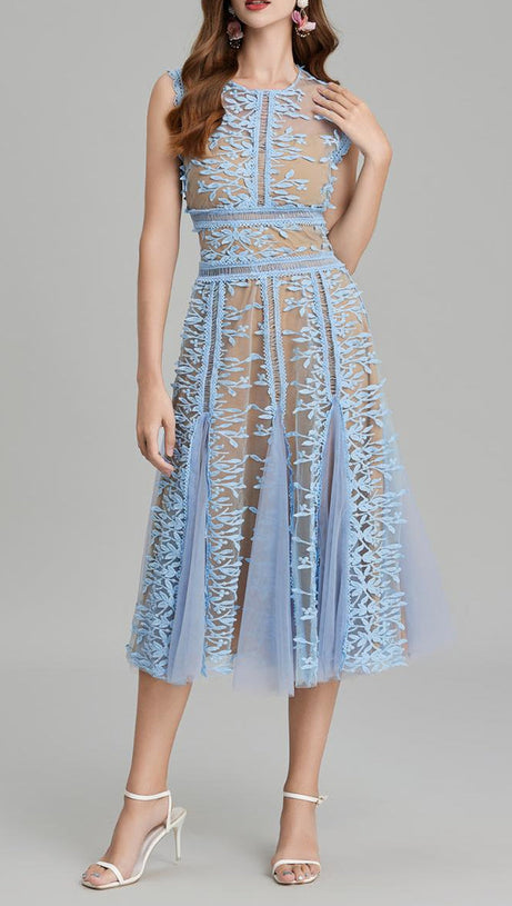 phoenix 3d Embroidered lace mesh midi dress in blue