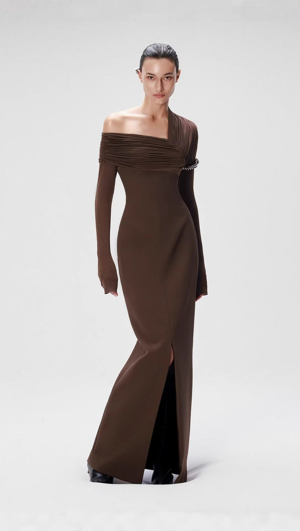maud One-shoulder pleated high-slit maxi dress - brown