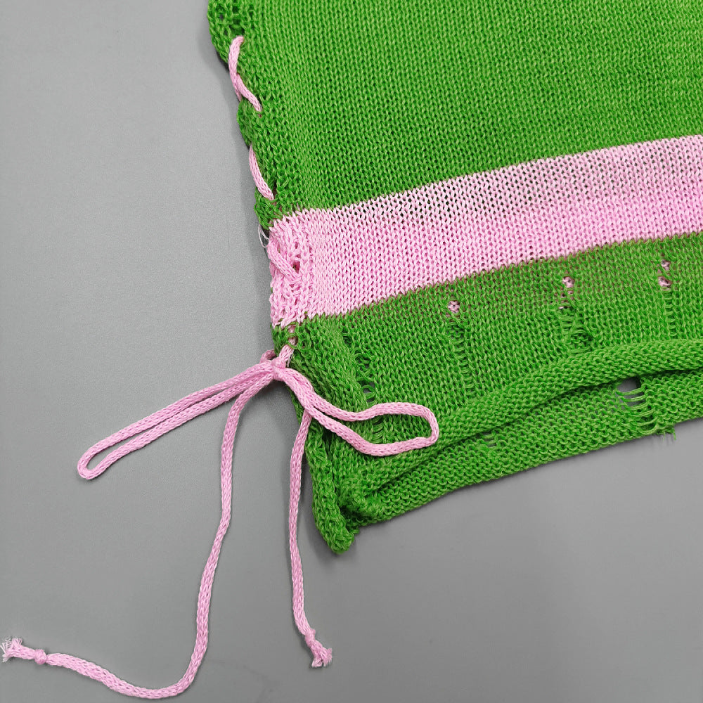 AIIZIE GREEN COLOR - BLOCKED PEARL HALTER KNITTED SET - product image