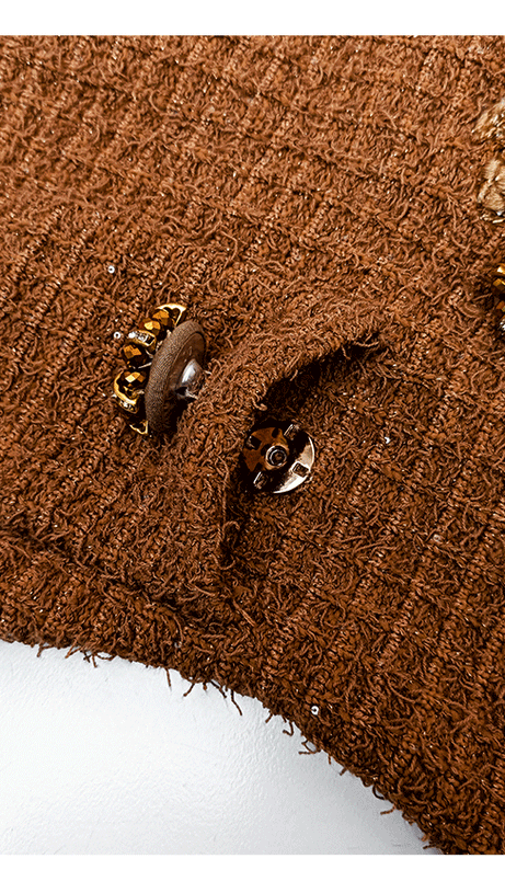 BRAIDED-EDGE TWEED MIDI DRESS IN BROWN