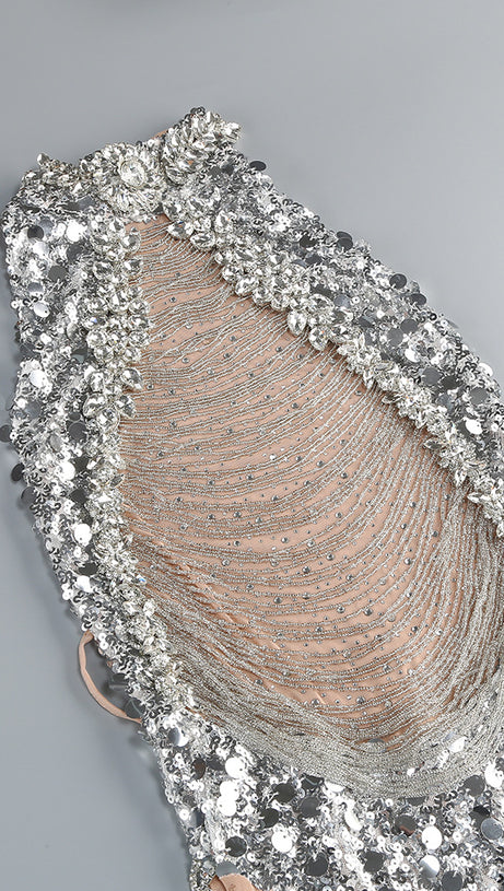 SILVER SEQUIN MESH HALTER NECK MAXI DRESS