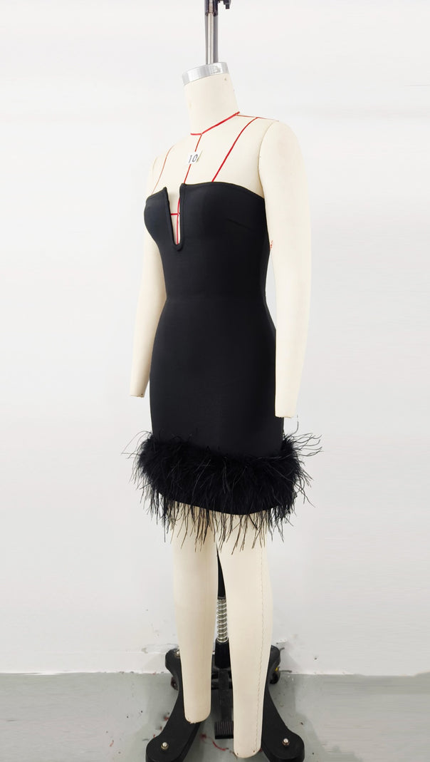 AIIZIE DEEP V TUBE TOP OSTRICH FEATHER HIP-WRAPPED MINI DRESS BLACK - product image