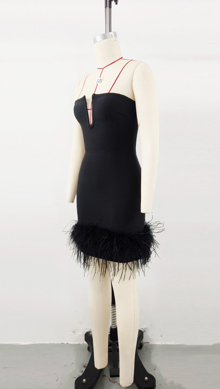 DEEP V TUBE TOP OSTRICH FEATHER HIP-WRAPPED MINI DRESS BLACK