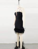 Deep V tube top ostrich feather hip-wrapped mini dress black
