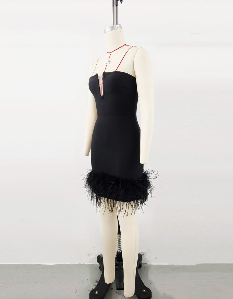 Deep V tube top ostrich feather hip-wrapped mini dress black