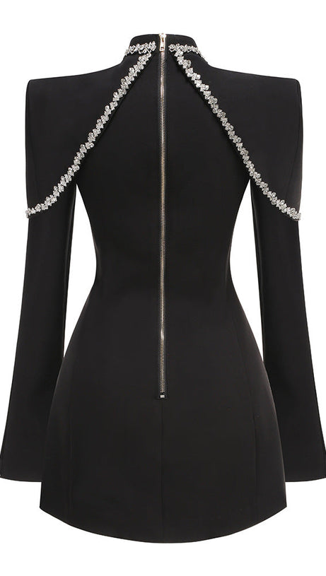 DIAMOND CHAIN EMBELLISHED TRUMPET SLEEVE MINI DRESS IN BLACK