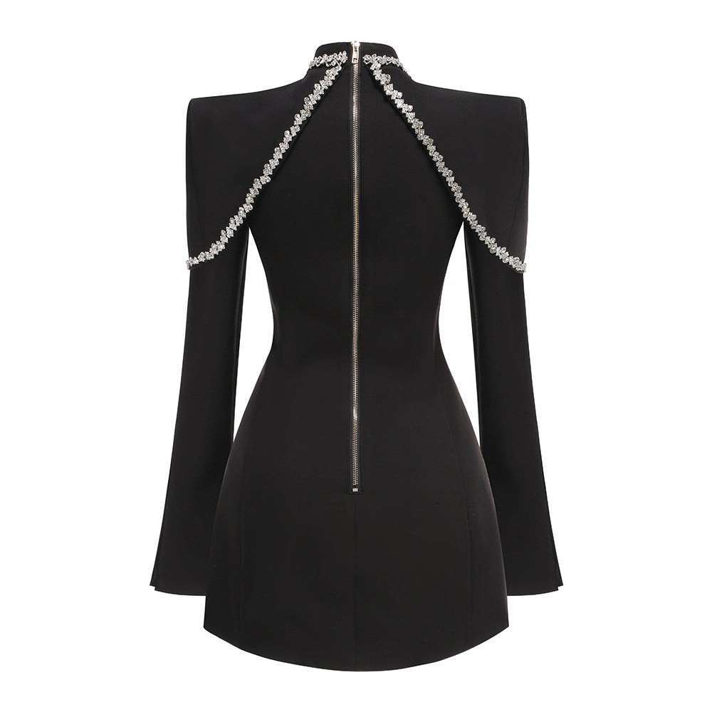 AIIZIE DIAMOND CHAIN EMBELLISHED TRUMPET SLEEVE MINI DRESS IN BLACK - product image