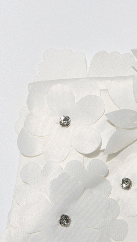 LYDIA FLOWER APPLIQUE MOCK NECK BOW TRIM MINI DRESS