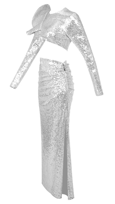 CROP TOP DRAPE SKIRT SET IN SILVER