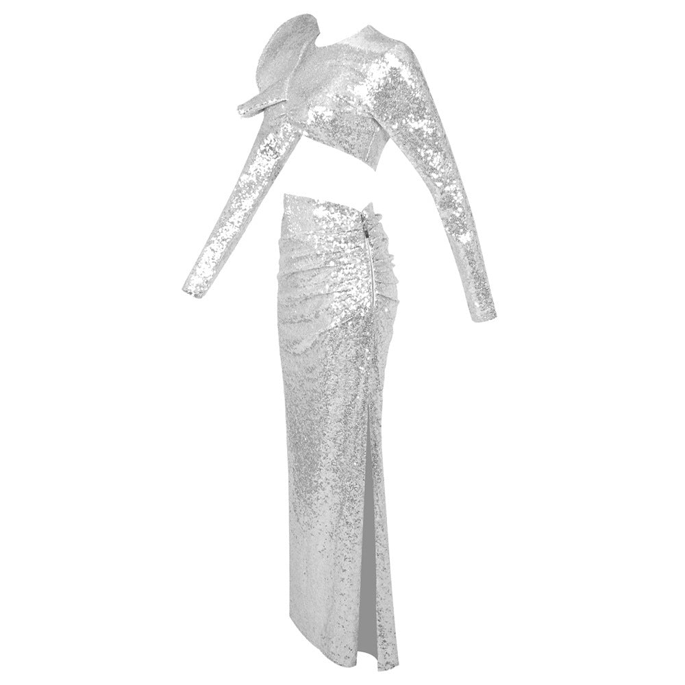 AIIZIE CROP TOP DRAPE SKIRT SET IN SILVER - product image