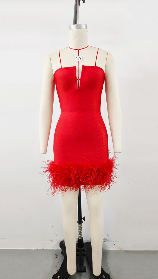AIIZIE DEEP V TUBE TOP OSTRICH FEATHER HIP-WRAPPED MINI DRESS RED - product image