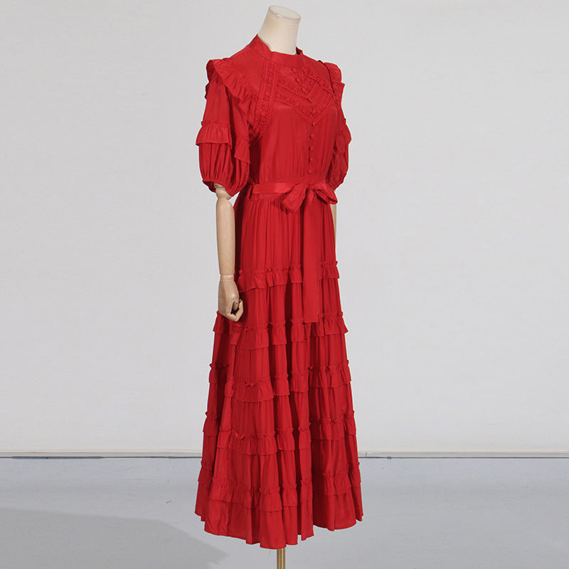 LACE RUFFLE TRIM LAYER MIDI DRESS IN RED