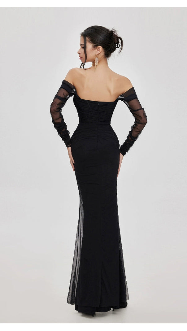 AIIZIE ARIEL BLACK MESH OFF-SHOULDER MERMAID MAXI DRESS - product image