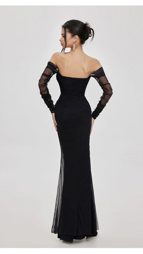 ARIEL BLACK MESH OFF-SHOULDER MERMAID MAXI DRESS
