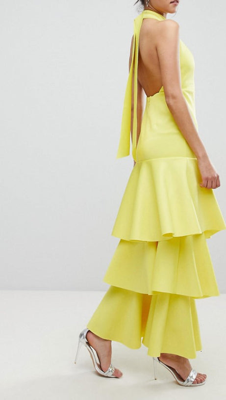 SAMANTHA LAYERED OFF-SHOULDER MIDI DRESS IN YELLOW