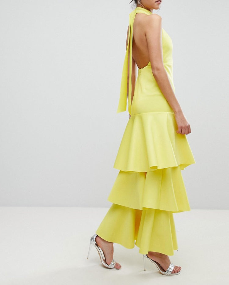AIIZIE SAMANTHA LAYERED OFF-SHOULDER MIDI DRESS IN YELLOW - product image