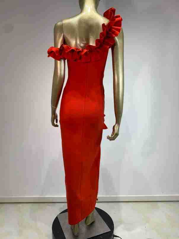 Gerüschtes V-Ausschnitt Schlitz Party Abendkleid Rot