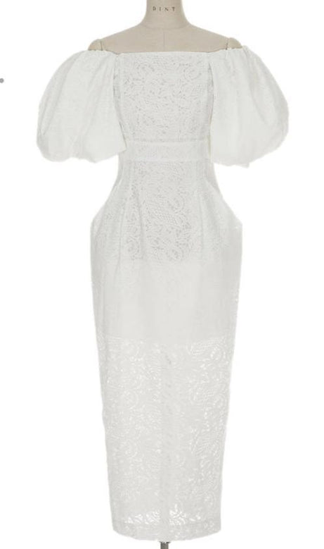 NATALIE PUFF SLEEVE OFF SHOULDER WHITE LACE MIDI DRESS