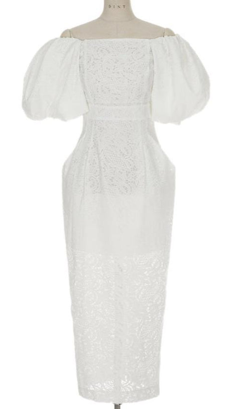 NATALIE PUFF SLEEVE OFF SHOULDER WHITE LACE MIDI DRESS