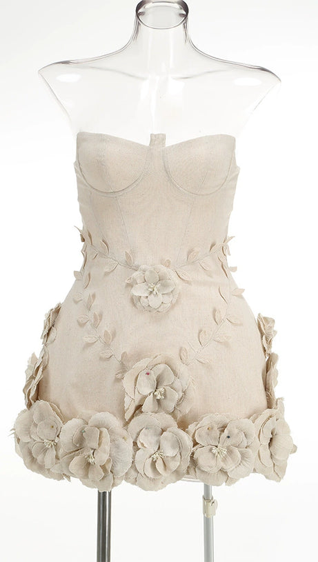 SALOME BEIGE LINEN CORSET FLOWER DETAILS MINI DRESS