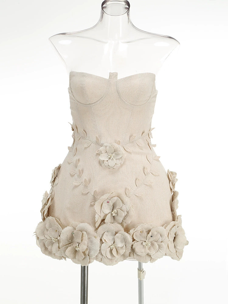 SALOME BEIGE LINEN CORSET FLOWER DETAILS MINI DRESS