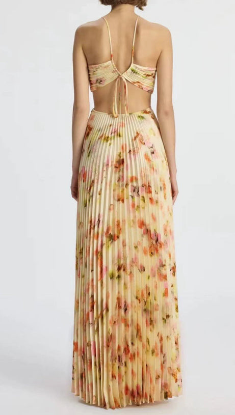 Candice – Plissiertes Maxikleid mit Blumenmuster in Gelb