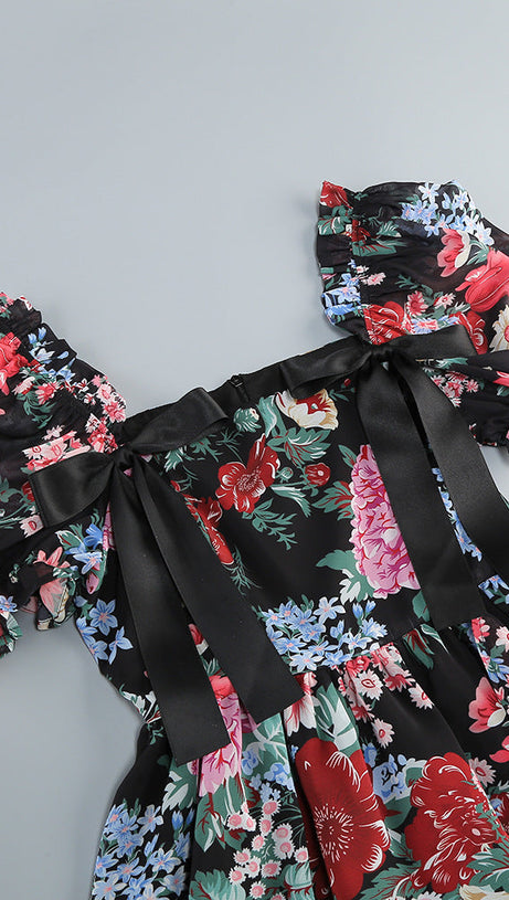 BASIA FLORAL PRINT RUFFLE TRIM HEM PUFF MINI DRESS