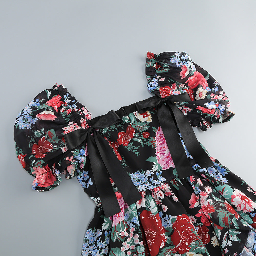 AIIZIE BASIA FLORAL PRINT RUFFLE TRIM HEM PUFF MINI DRESS - product image