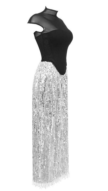 TASSEL SEQUIN BLACK CORSET MAXI DRESS