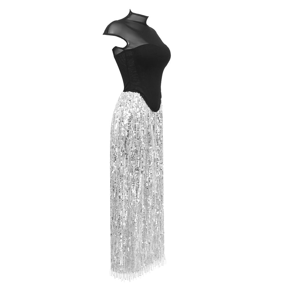 AIIZIE TASSEL SEQUIN BLACK CORSET MAXI DRESS - product image