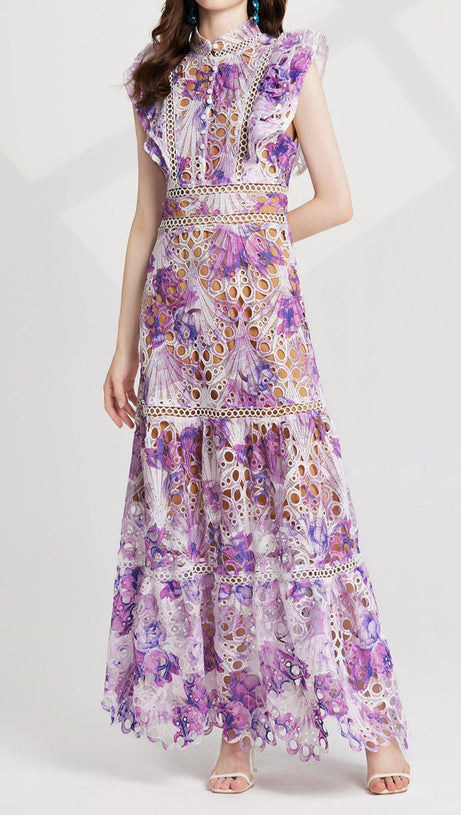 CHLOE HOLLOW OUT FLOWER EMBROIDERY MAXI DRESS IN PURPLE