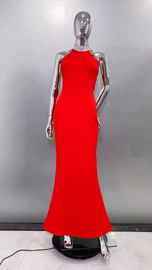 AIIZIE HEDWIG CRYSTAL HALTER SLEEVELESS BODYCON MAXI DRESS IN RED - product image