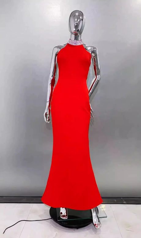 HEDWIG CRYSTAL HALTER SLEEVELESS BODYCON MAXI DRESS IN RED